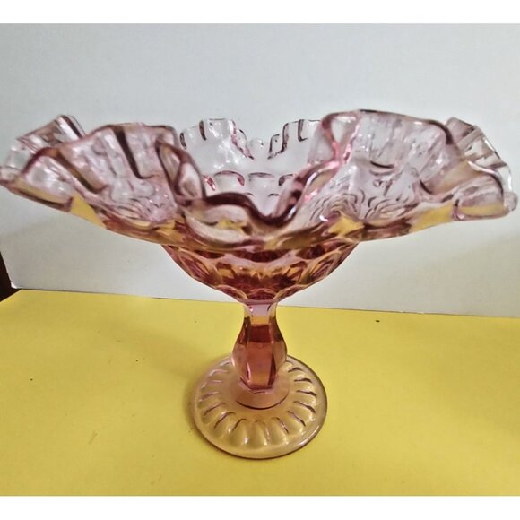 Fenton Peach Pink Glass Footed Bowl Double Ruffled Rim. 7" Tall 8" wide - Picture 1 of 15